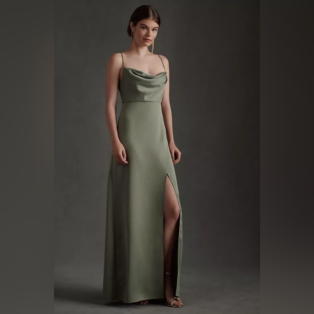 BHLDN Moss Green Remy Cowl Neck Satin Faux Wrap Dress